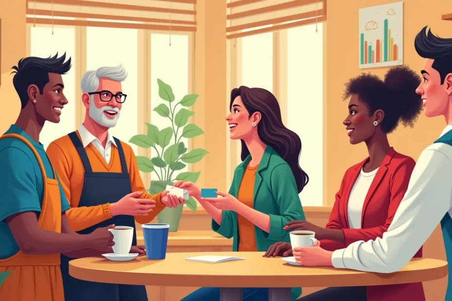 Ilustração de um café movimentado com pessoas conversando e trocando cartões de visita.