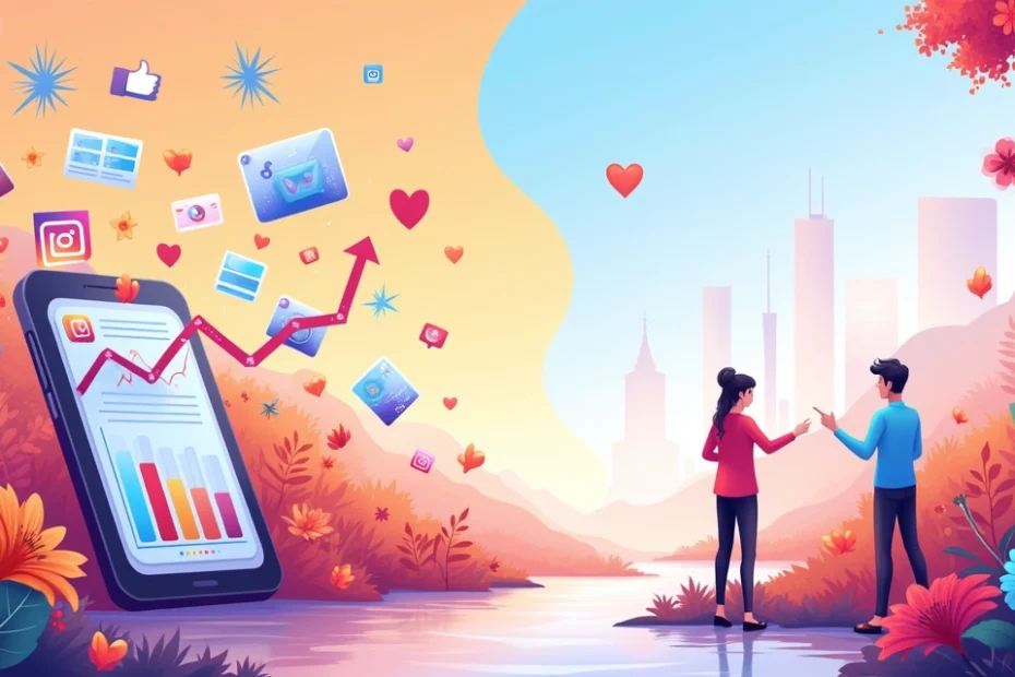 Ilustração de engajamento e estética nas mídias sociais, com smartphones e gráficos de crescimento.