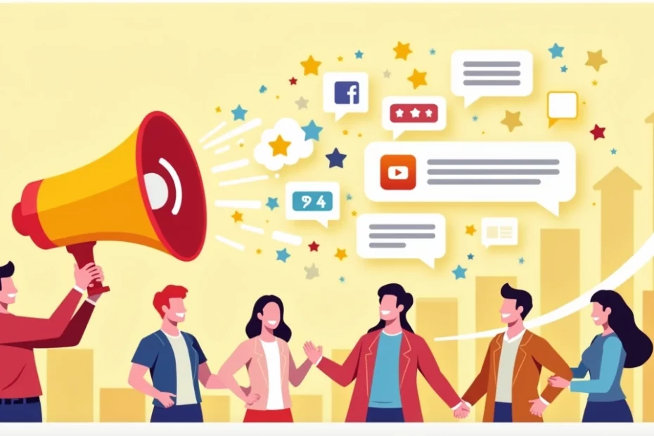Ilustração mostrando marketing de indicação com um megafone, pessoas colaborando e ícones de redes sociais.
